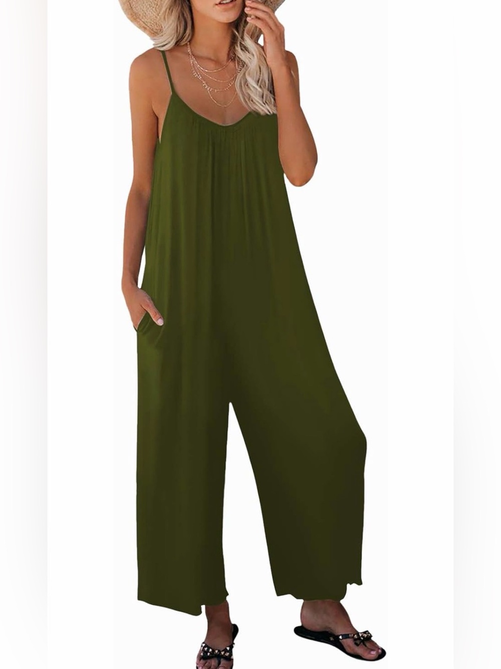 Olive Green Wide-Leg Spaghetti Strap Jumpsuit